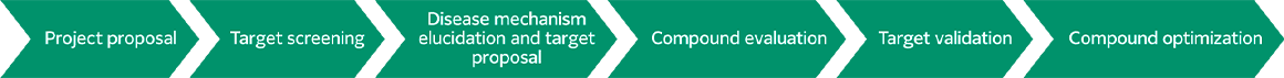 A flowchart is depicted from left to right with arrows, with each step labelled as ‘Project proposal,’ ‘Target screening,’ ‘Disease mechanism elucidation and target proposal,’ ‘Compound evaluation,’ ‘Target validation,’ and ‘Compound optimisation.’