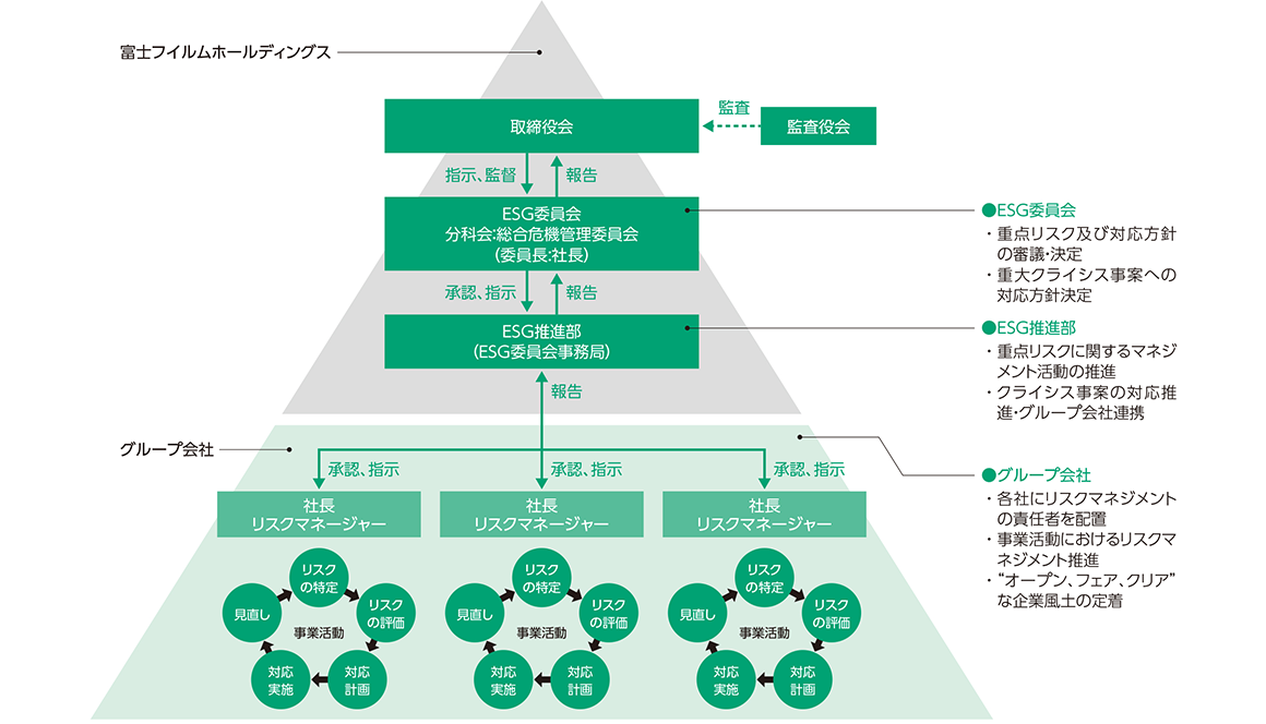富士フイルムホールディングスと各グループ会社における、コンプライアンス＆リスクマネジメントの体制を現した図