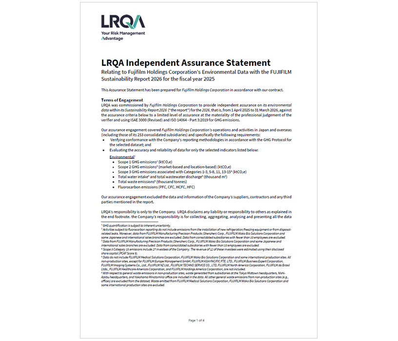 LRQA Report on Sustainability Activities in the FUJIFILM Holdings Corporation Sustainability Report 2026.