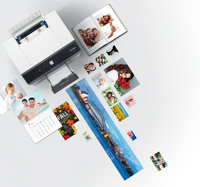 Ein Bild mit verschiedenen Druckformaten, die mit dem DX400 gedruckt werden können