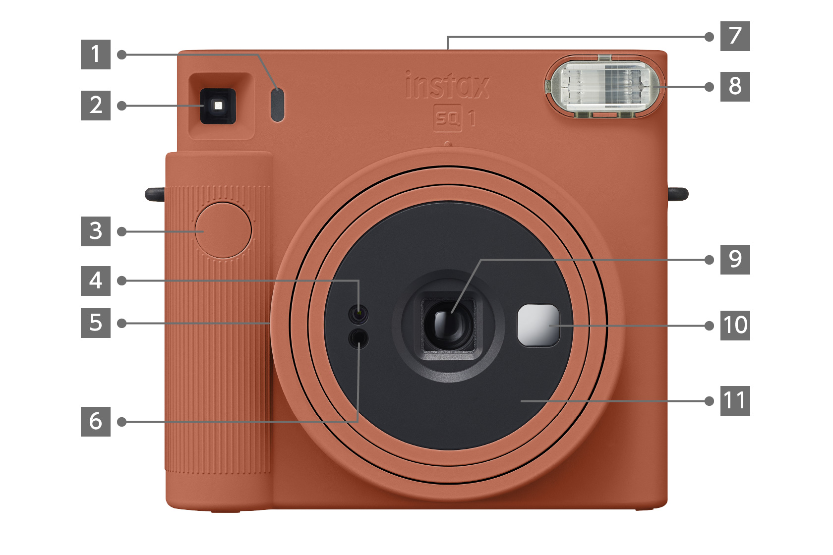 [photo] instax SQUARE SQ1™ camera in Terracotta Orange color, Front view