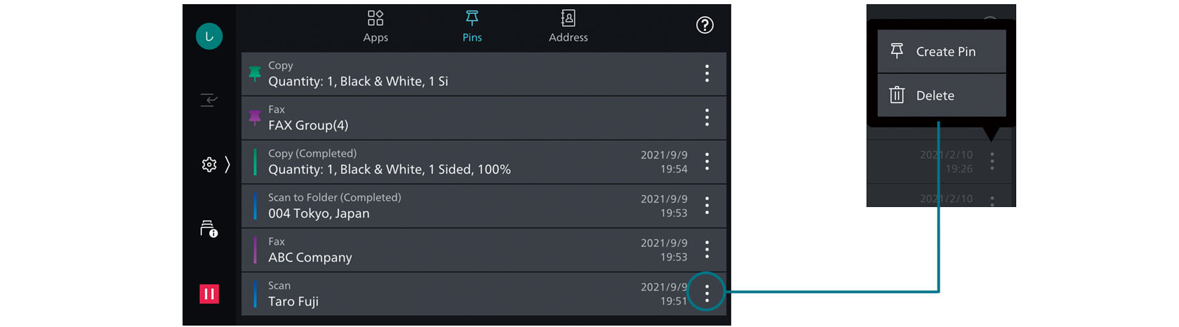 Pin settings on operational panel