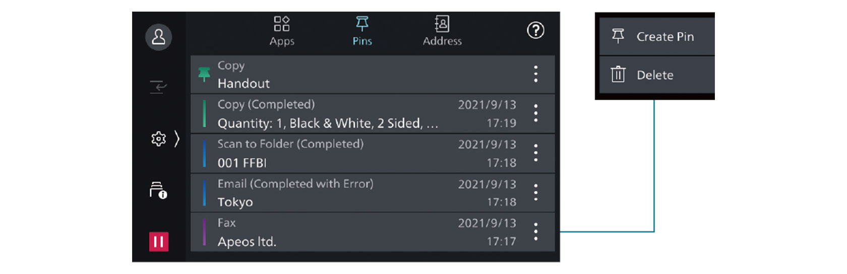 Pin settings on operational panel