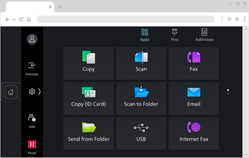 The screen of the control panel of a multifunction printer within the user interface of a cloud simulator that can be accessed through a web browser. Operations of the multifunction printer can be performed on the cloud simulator.
