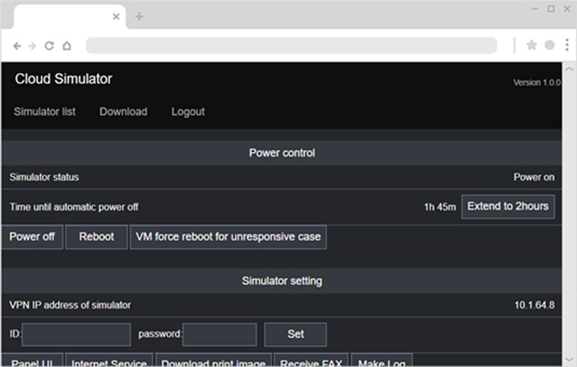 The screen in a cloud simulator user interface, available in a web browser, where one can control the power or configure the simulator's environment settings.