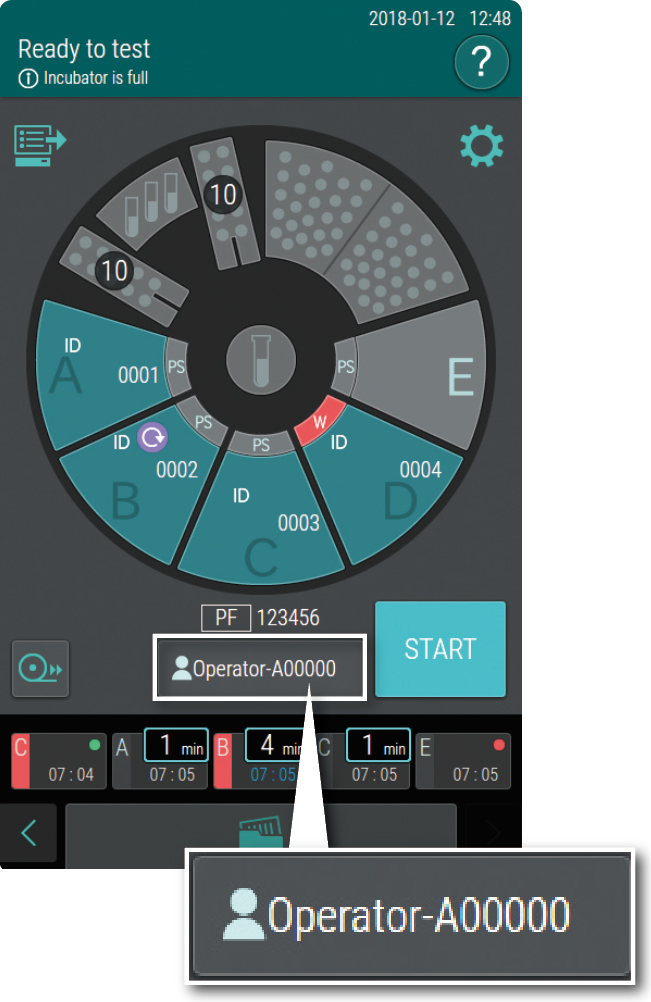 [imagem] Tela de configuração nas cores turquesa, preta e cinza no visor da incubadora com ID do operador
