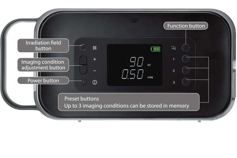 [photo] FD Xair device button layout including Power button, Imaging condition adjustment button, Irradiation field button, Function button, and Preset buttons