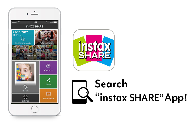 Téléphone accompagné d’une icône INSTAX Share