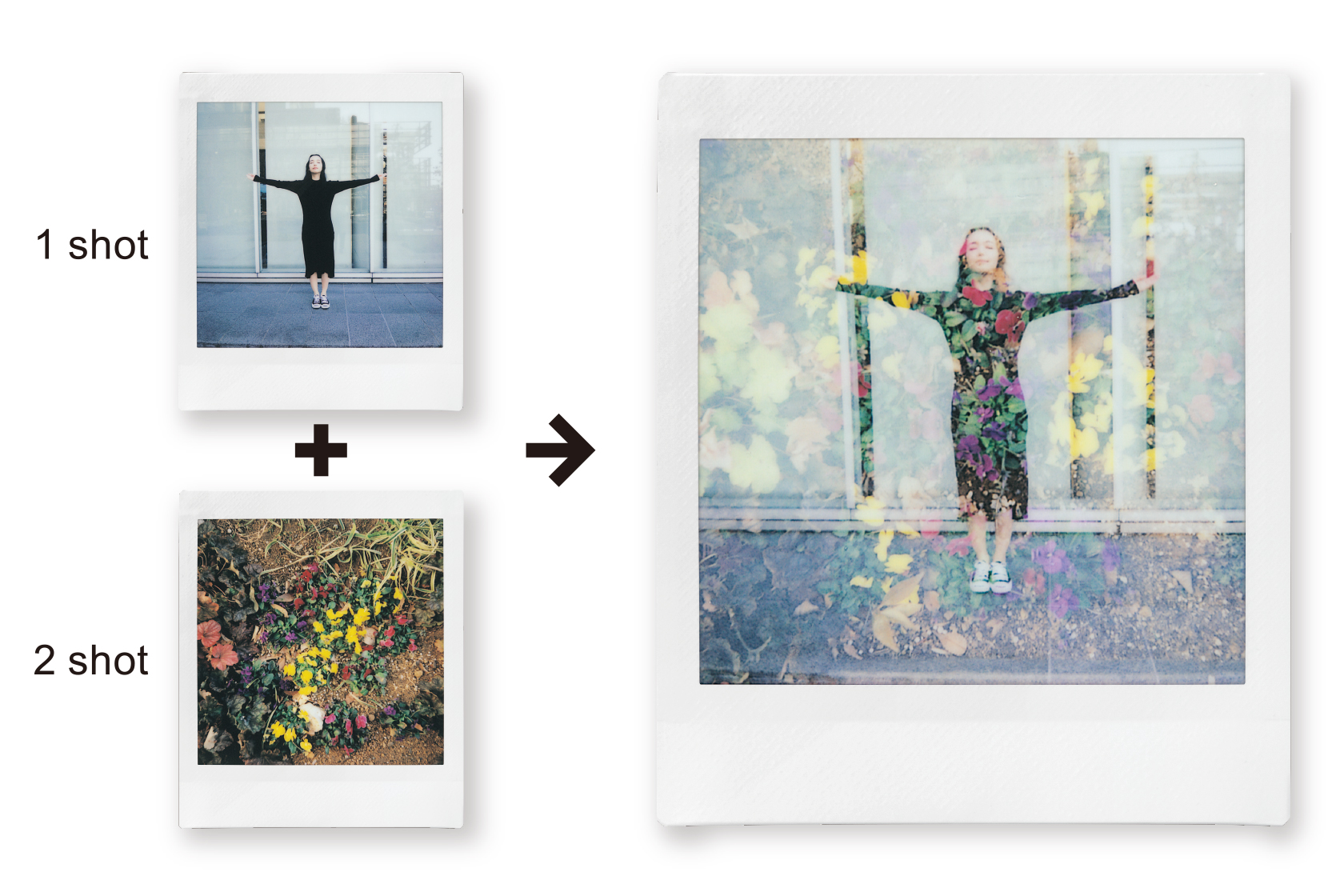Image of a photo of a woman and a photo of flowers combine into a photo that have both woman and flowers overlay using Double Exposure