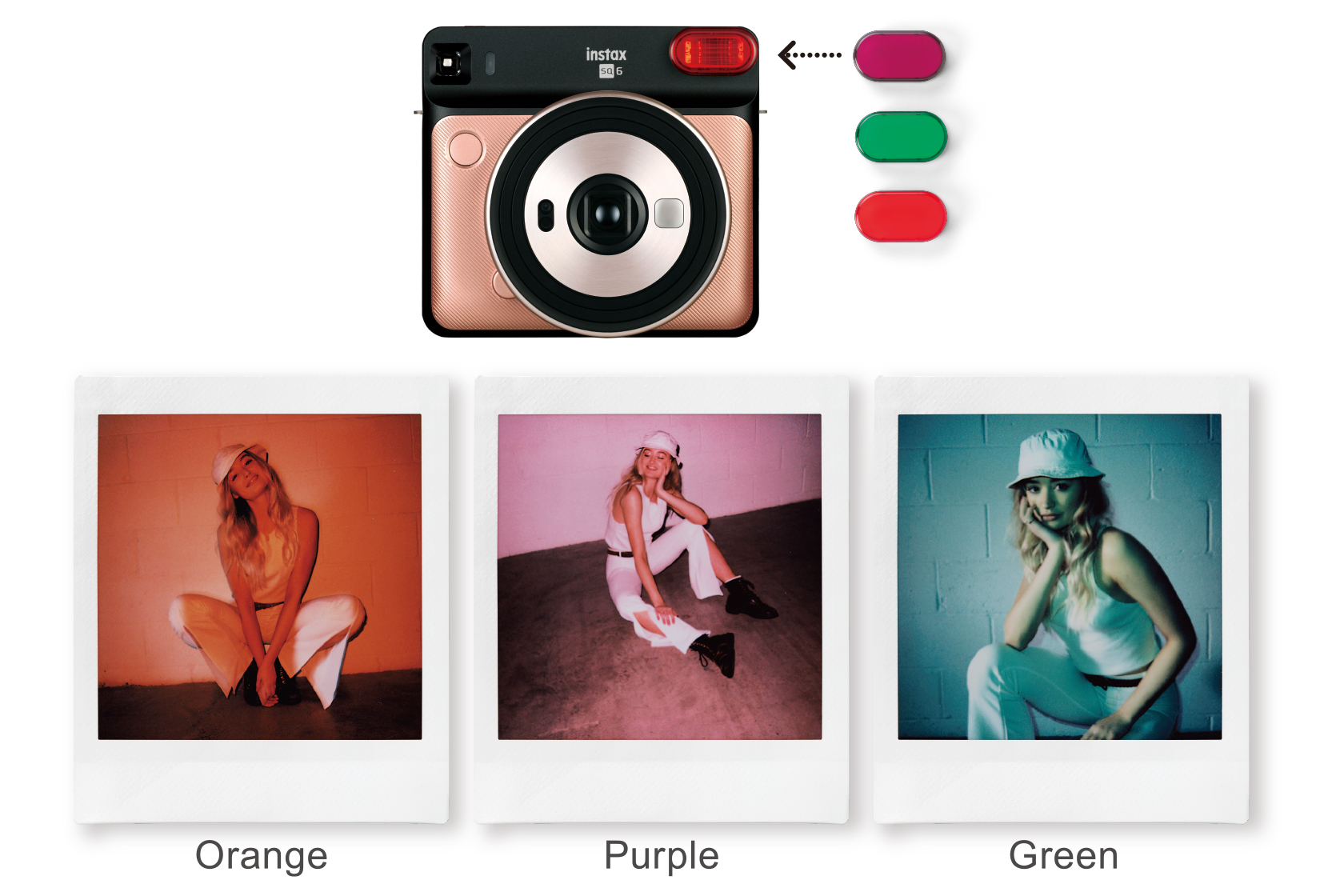Image of a gold SQ6 with three strobe color filter attachments and three photos of a woman taken by different strobe filter