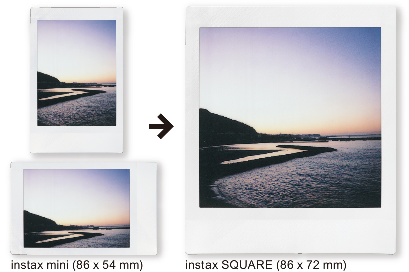 Image of a vertical and horizontal Instax Mini photo of beach coastline then a vertical Instax SQUARE photo with same beach coastline