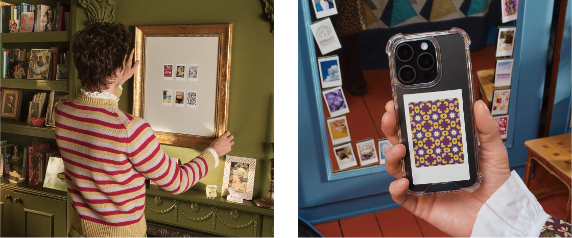Displaying instax™ photos in the room (left). Placing instax™ photos in a smartphone case (right).