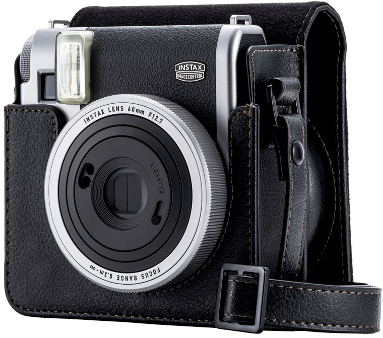 "instax mini 99™" with camera case attached and front cover open