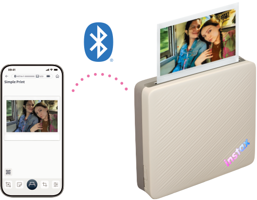 An image of the Link WIDE™ printing instax™ photos via a Bluetooth connection to a smartphone.