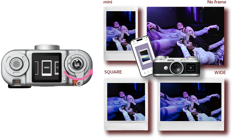 Images showing how to operate the lever on the instax Pal 2™, along with photos taken in borderless, mini, SQUARE, and WIDE formats.