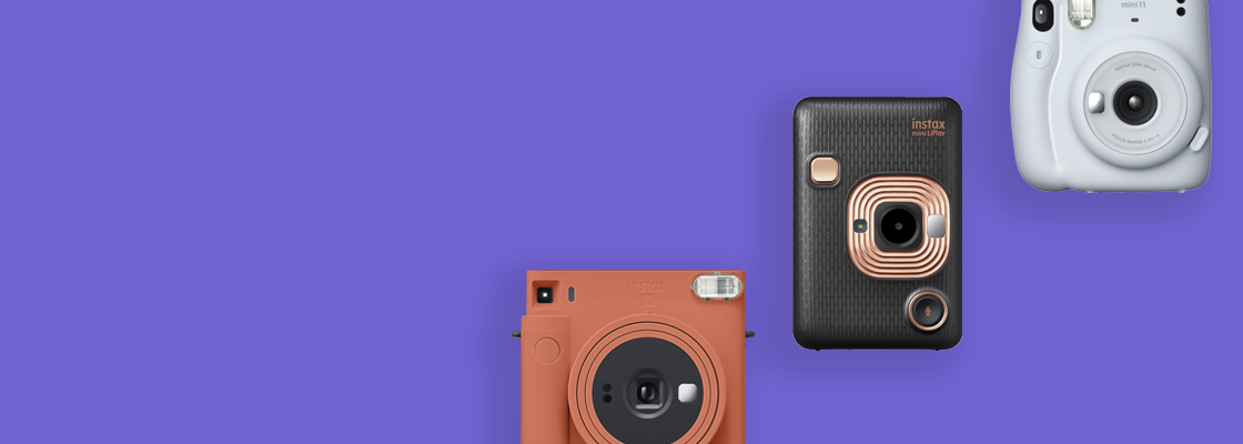 purple banner with three different cameras
