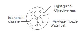 [image] Tip of scope with parts - light guide, lens guide, water jet, instrument channel