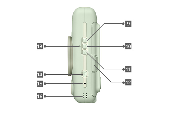 [photo] Side view of an Matcha Green instax mini LiPlay™ with different parts labeled 9 through 16