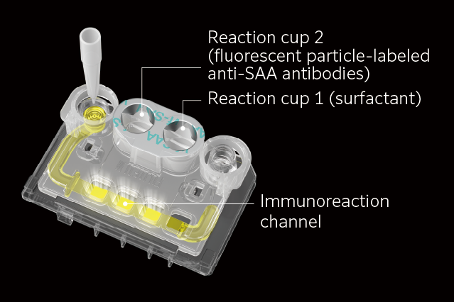 [Image]​ Measurement principle of cartridge for AU20V.​  For example SAA cartridge have reaction cup 1 which is set for extraction process by surfactant and reaction cup 2 which is set for reaction by specific antibody labeled fluorescent particles.​