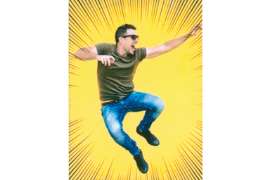 Focused filter picture of young male jumping over a yellow background