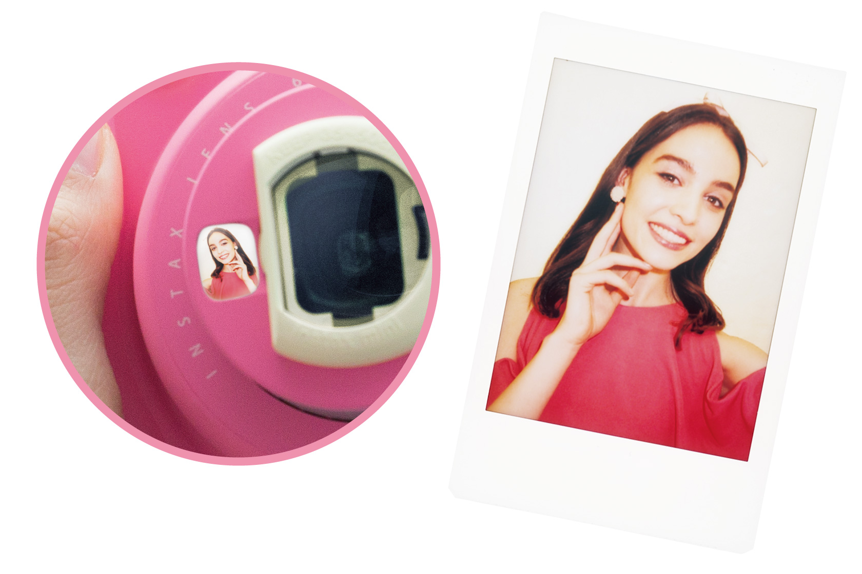 Acercamiento de la imagen del espejo para autorretrato e imagen de mini Instax