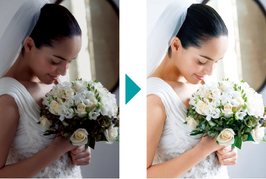 [photo] Dark and bright before and after photo of bride holding bouquet of flowers