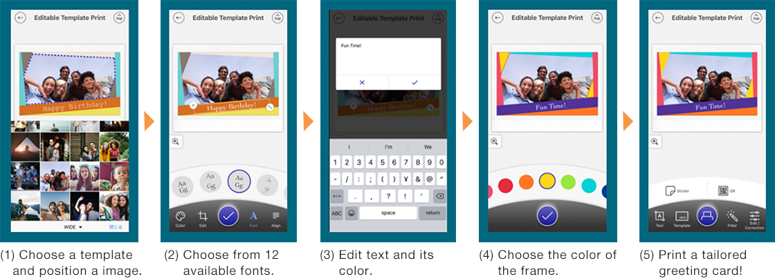 [image](1) Choose a template and position a image. (2) Choose from 12 available fonts. (3) Edit text and its color. (4) Choose the color of the frame. (5) Print a tailored greeting card!