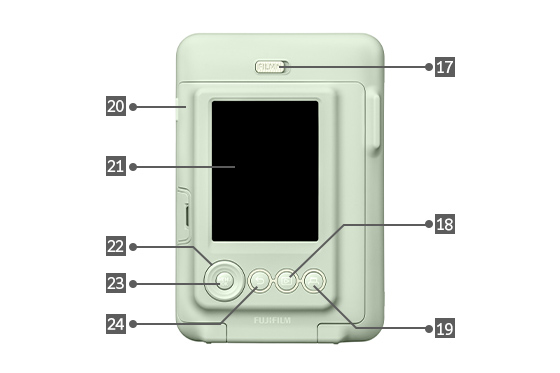 [photo] Rear view of an Matcha Green instax mini LiPlay™ with different parts labeled 17 through 24