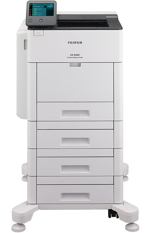 Primer plano del panel de control de la impresora Fujifilm CX3240F. El panel de control incluye una pequeña pantalla, varios botones de función y un teclado direccional para la navegación. Los botones están claramente etiquetados para facilitar su uso. El panel de control forma parte del diseño moderno y fácil de usar de la impresora, con fondo blanco y detalles grises