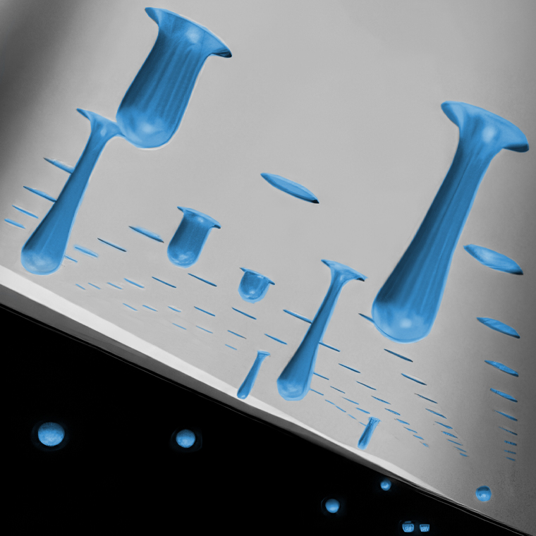 Illustration of blue inkdrops emerging from a printhead