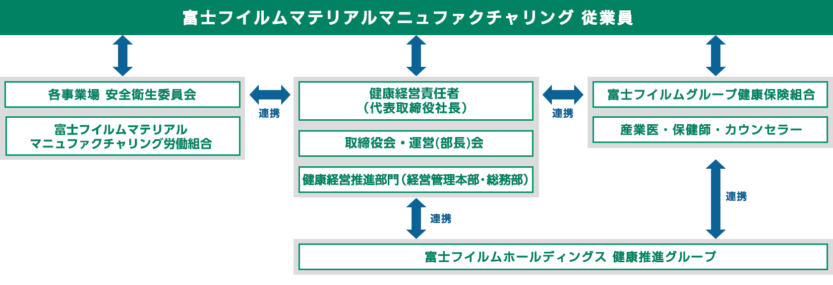 富士フイルムマテリアルマニュファクチャリング従業員の健康保持・増進のため、安全衛生委員会・従業員代表／健康経営推進最高責任者・運営会・健康経営推進部門／富士フイルムグループ健康保険組合・産業医等／富士フイルムホールディングス健康推進グループは互いに連携し健康経営推進体制を構築し活動しています。