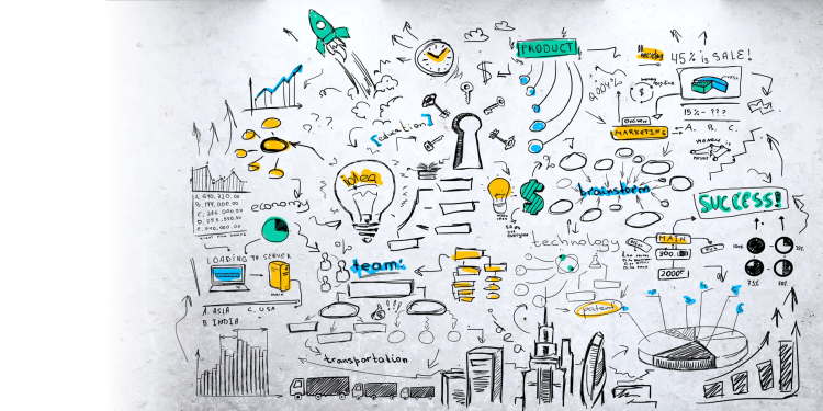 ビジネスアイディアや図表が描かれた壁面のイラスト