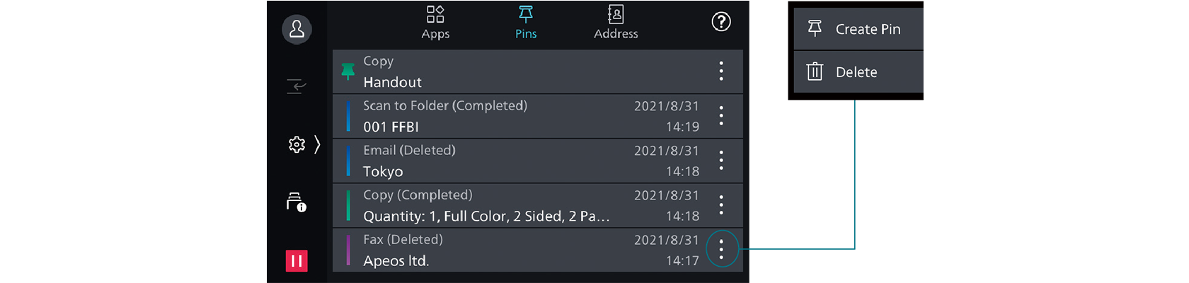 Épinglage des paramètres sur le panneau de commande