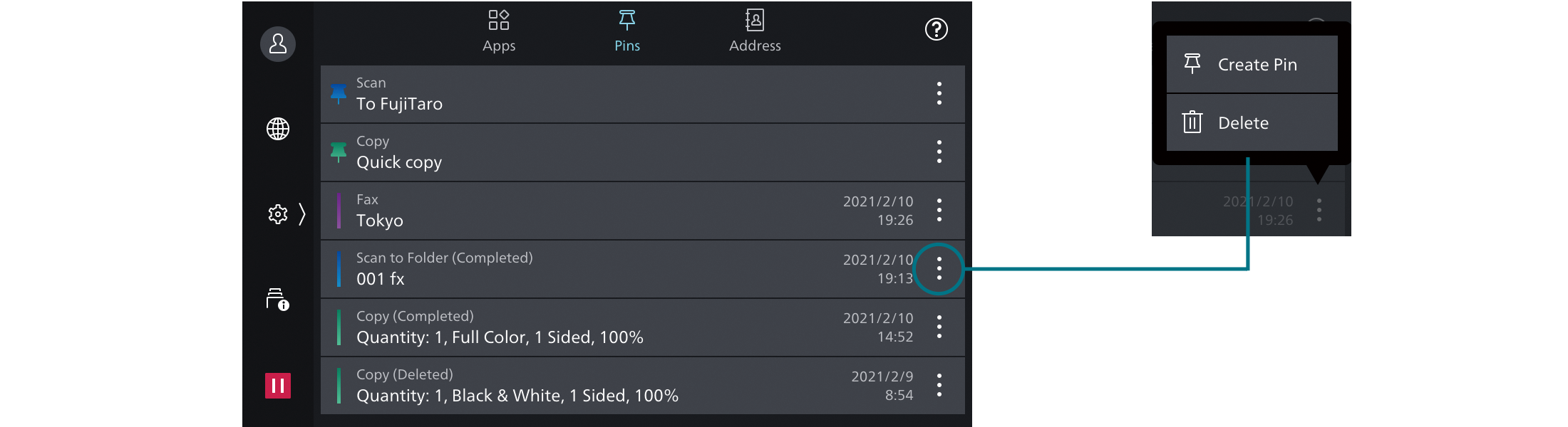 Épinglage des paramètres sur le panneau de commande
