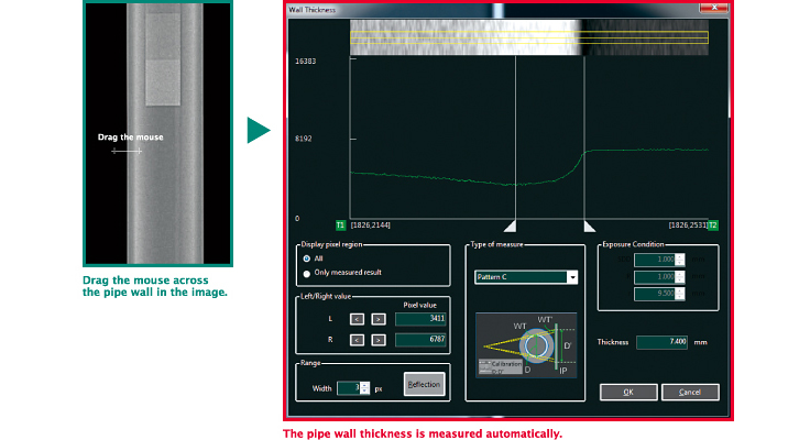 Drag the mouse across the pipe wall in the image. The pipe wall thickness is measured automatically.