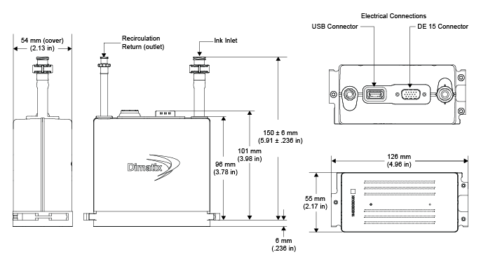 "Physical Characteristics SKYFIRE 600 The head outer dimensions are 126 mm in the width direction, 150 mm in the height direction and 55 mm in the feeding direction. Electrical connection via DE 15 connector and USB connector"