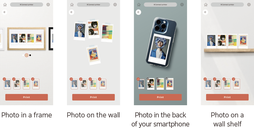 Simulating how instax™ photos would actually look when placed in frames, on walls, on phone cases, and on shelves.