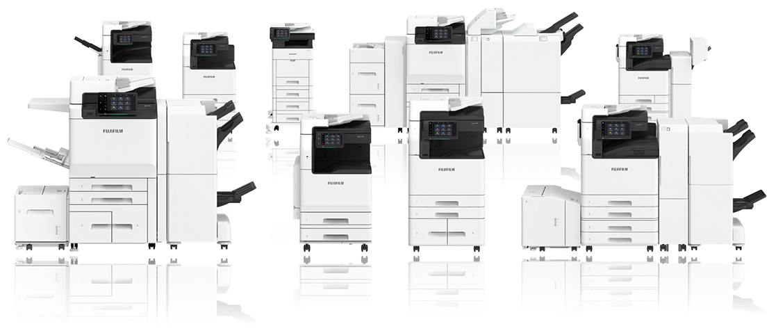 The product images of some Fuji Xerox Business Innovation multifunction printers that are compatible with Apeos Connect. Various models such as A3, A4, color, and monochrome machines are included.