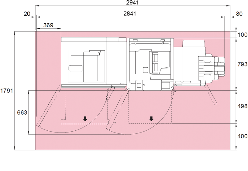 Product Footprint Viewed from Above, Main Body + High Capacity Feeder B1S + Transport Unit V2 + Finisher C4