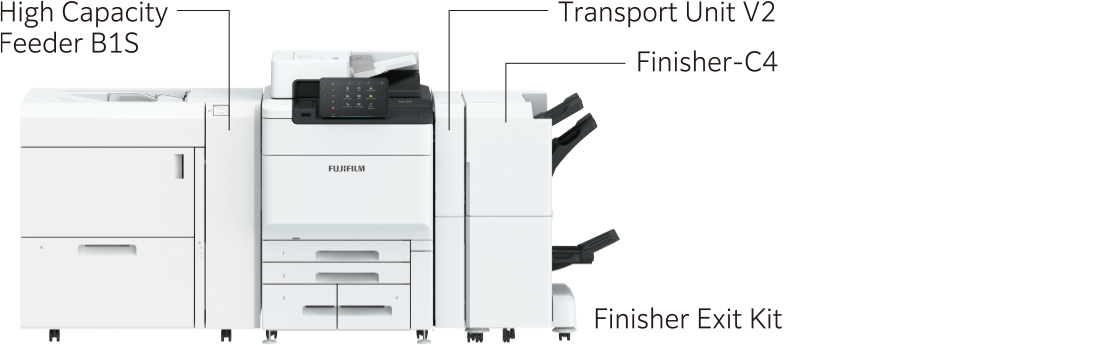 ApeosPro product image of configuration example 1 with option( High Capacity feeder B1S, Transport Unit V2, Finisher-C4, Finisher Exit Kit) 