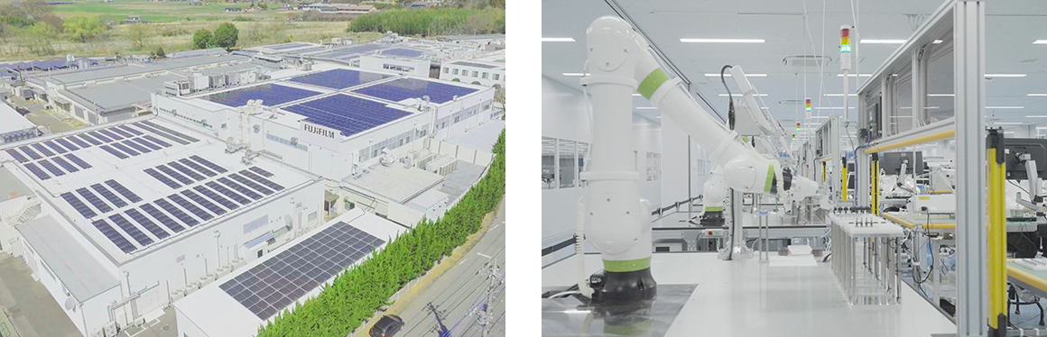 左:ソーラーパネルのならんだ建屋/右:ロボットが作業をしている
