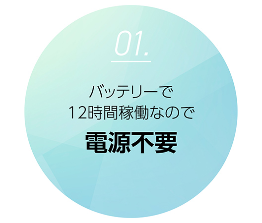 バッテリーで12時間稼働するので電源不要