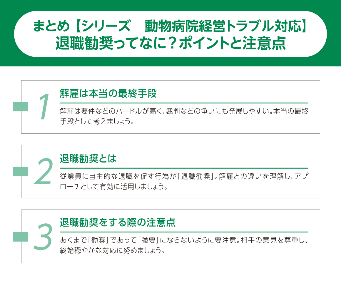 まとめ：解雇は本当の最終手段／退職勧奨とは／退職勧奨をする際の注意点