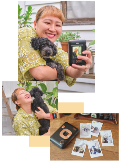 丸山桂里奈氏が愛犬すももちゃんと一緒に自撮りをしている写真、 富士フイルムinstax mini LiPlayと印刷したチェキが並んだ写真