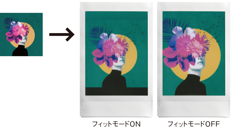 元となる画像（左）フィットモードオンで印刷したチェキプリント™（真ん中）フィットモードオフで印刷したチェキプリント™（右）