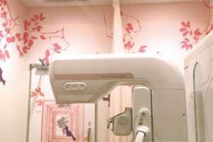 ピンクの植物を配置したマンモグラフィ検査室デザインクロス事例​