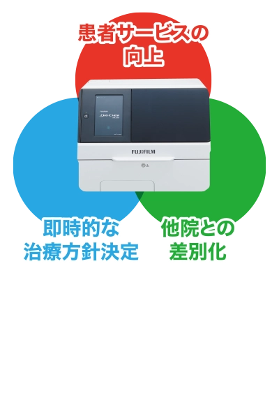 「富士ドライケムNX700」の導入効果として、患者サービスの向上、即時的な治療方針決定、他院との差別化の3点があげられます。​