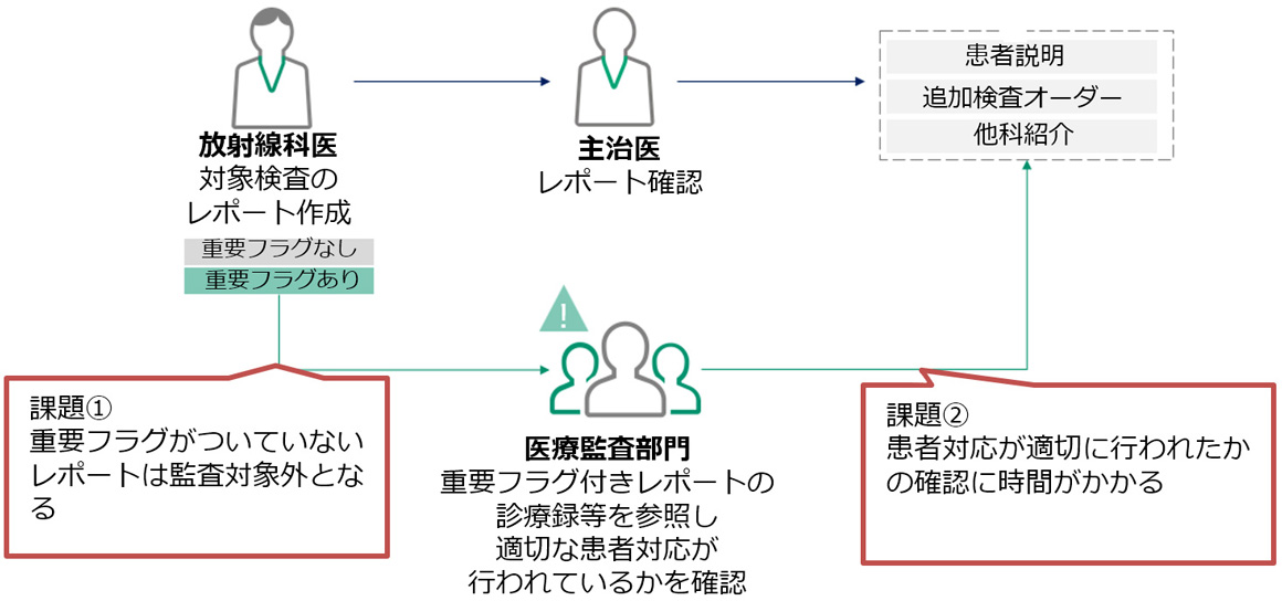 病院で患者対応が適切に行われているかを確認する医療監査業務フローと、医療監査部門の現状の課題を示した様子