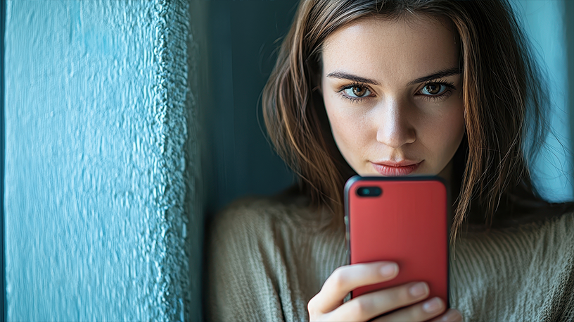 スマホを見つめる女性の画像