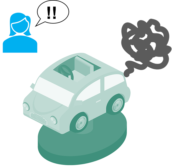 びっくりしている人のアイコンと故障している車の図